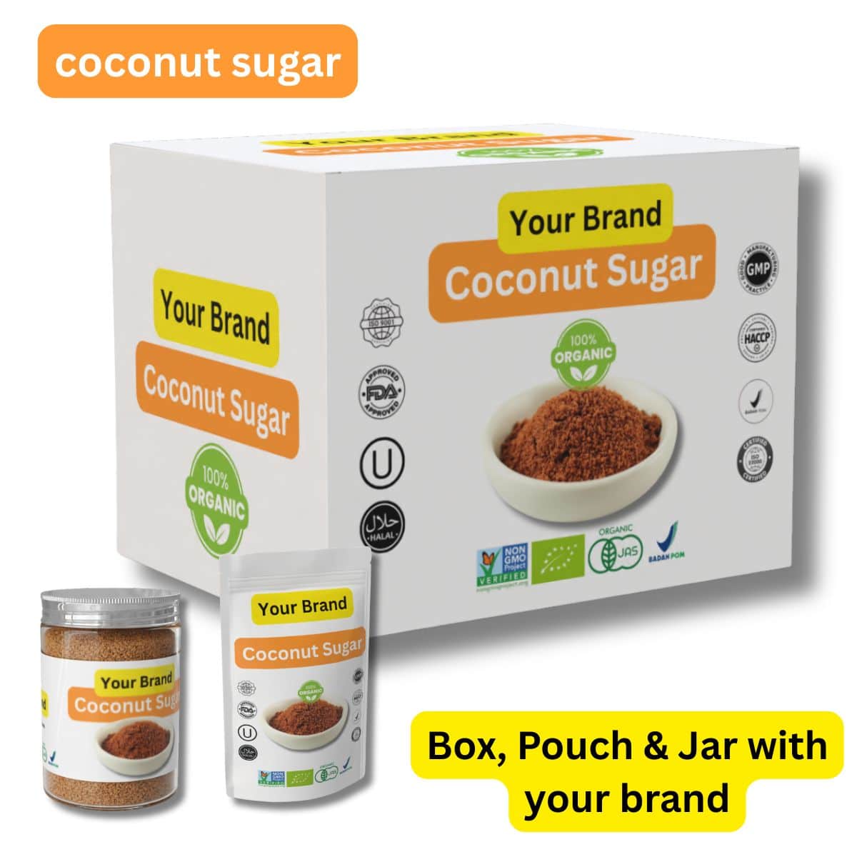 coconut sugar box pouch and jar with oem branding